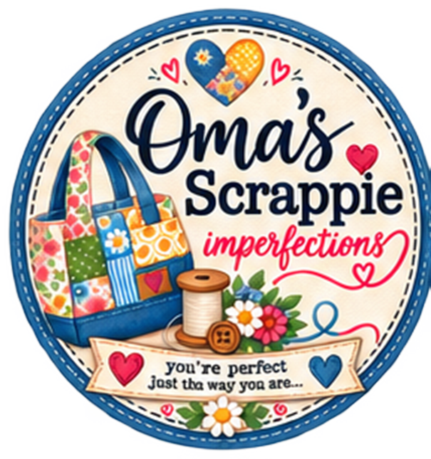 Oma’s Scrappie Imperfections logo with a colourful patchwork bag and hearts